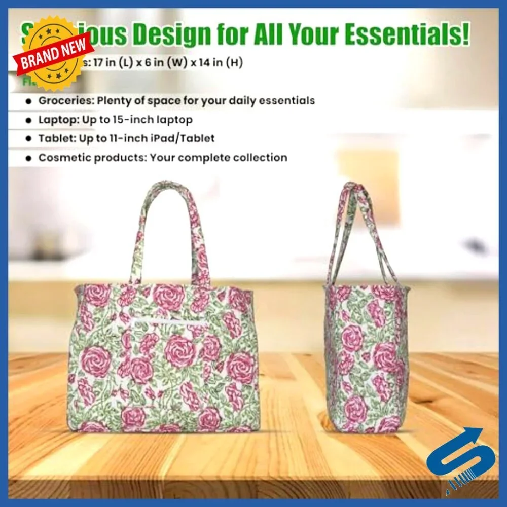 Quilted Cotton Tote Bag Lightweight Floral Shoulder Handbag
